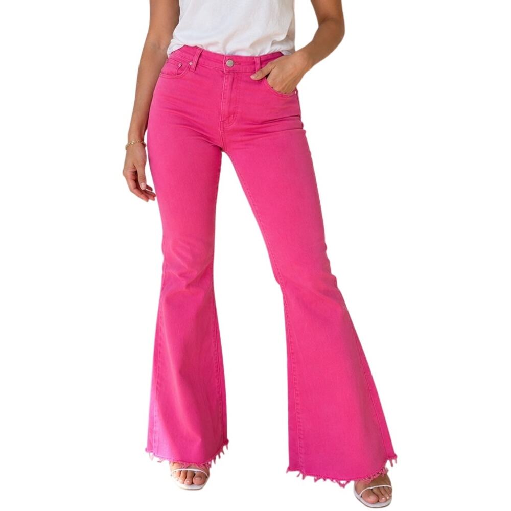 Judy Blue High Waist Flared Jeans Hot Pink Frayed Hem 11/30 NWT